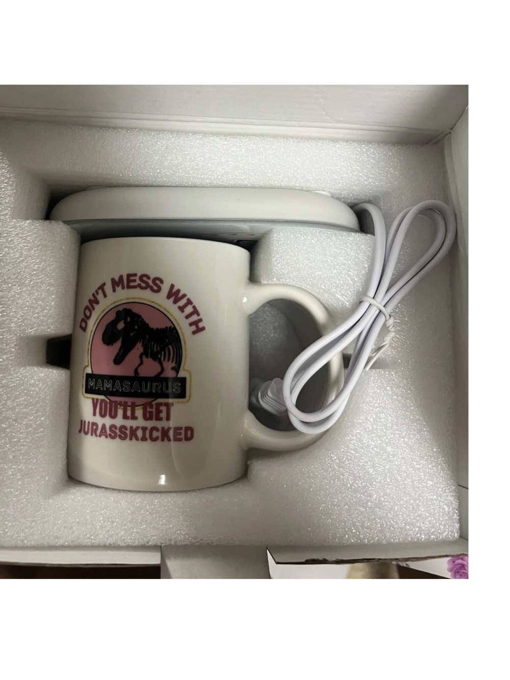 Mamasaurus White Ceramic Mug with Warmer - Don't Mess With Design